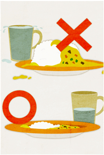 그릇에 음식이 높이 쌓여진 일러스트에는 X가 그려져있고 작은 그릇에 음식이 낮게 담겨있는 접시에는 O가 쓰여져 있는 일러스트